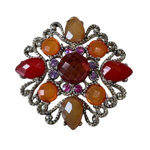 Vintage Multicolor Rhinestone Brooch Pin With Ornate Silver-Tone‎ Setting